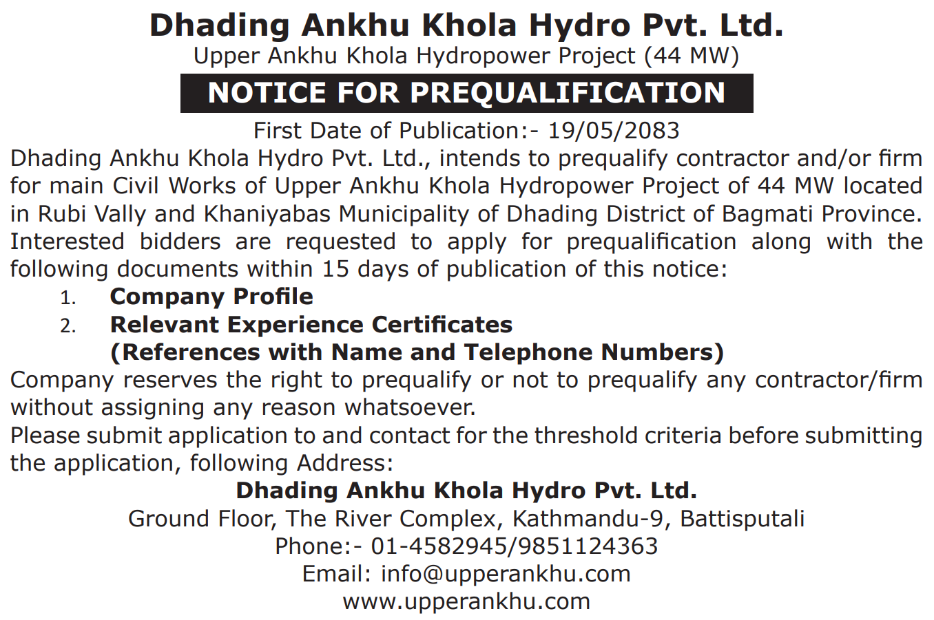 Dhading Ankhu Khola Hydro tender notice